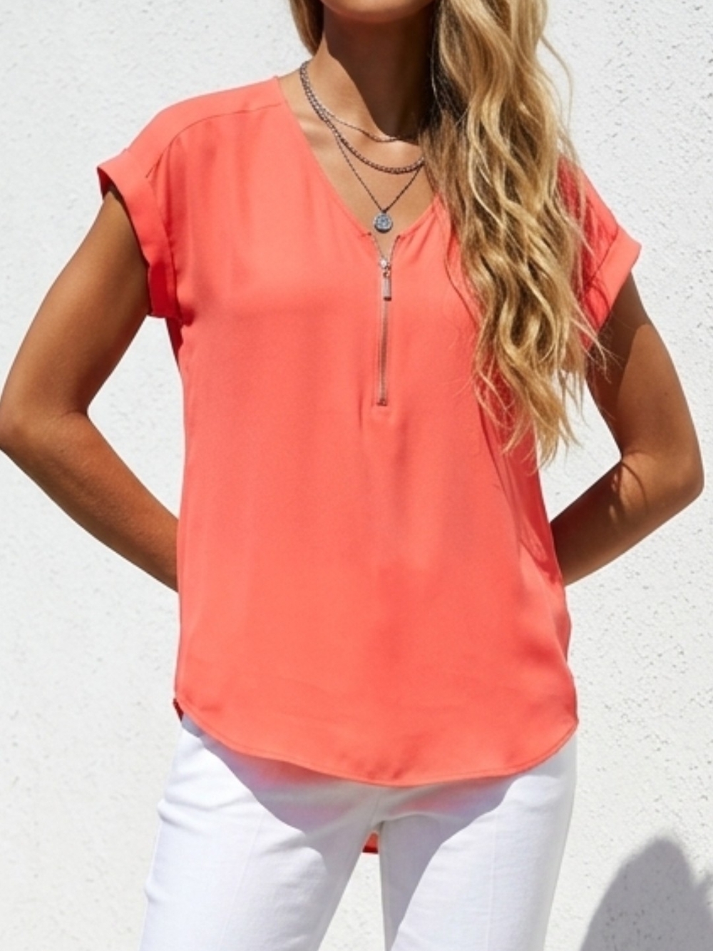 Express Coral Zip-Front Short Sleeve Blouse